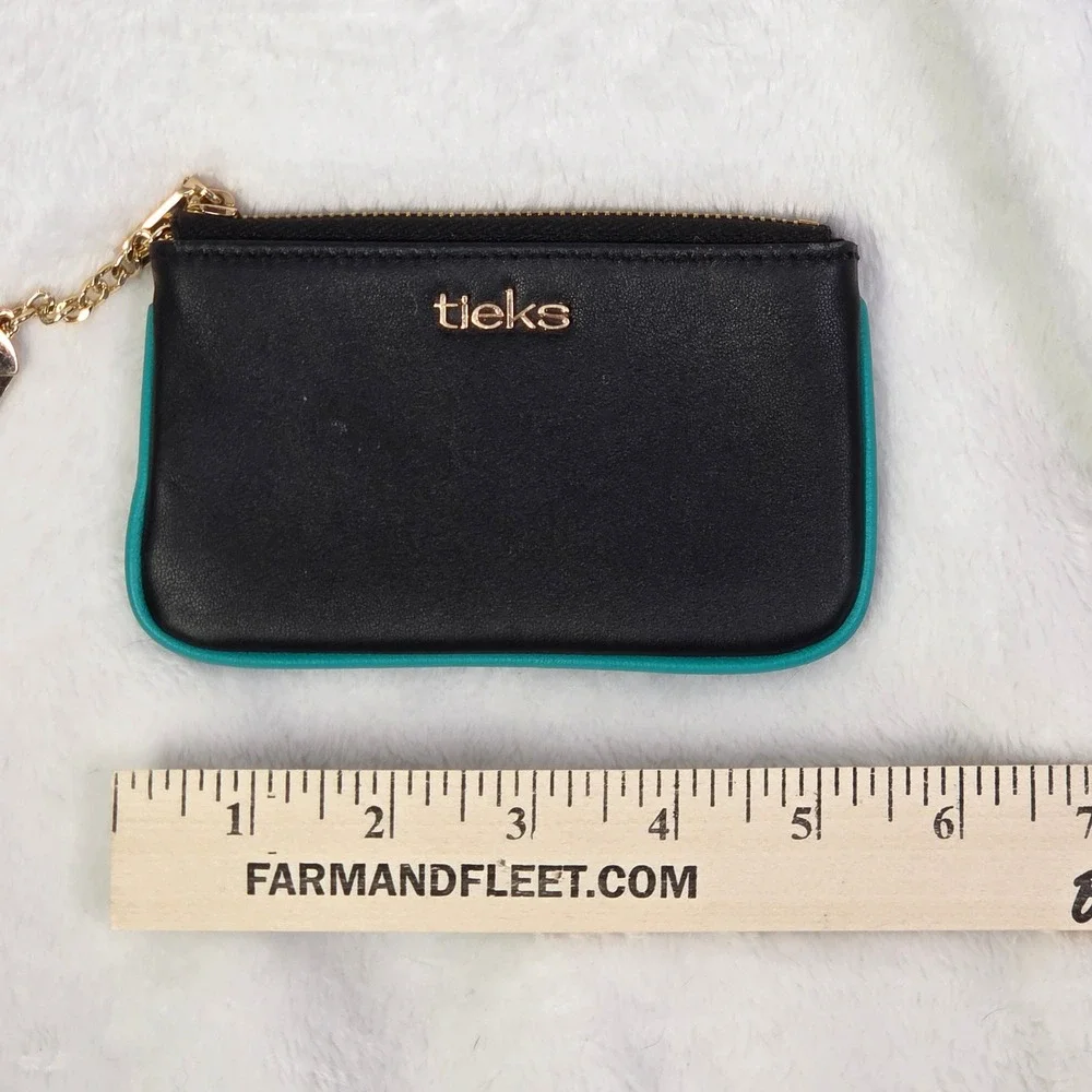 Tieks by Gavrieli Black Leather Coin Purse Keychain Teal Blue Trim‎ Gold